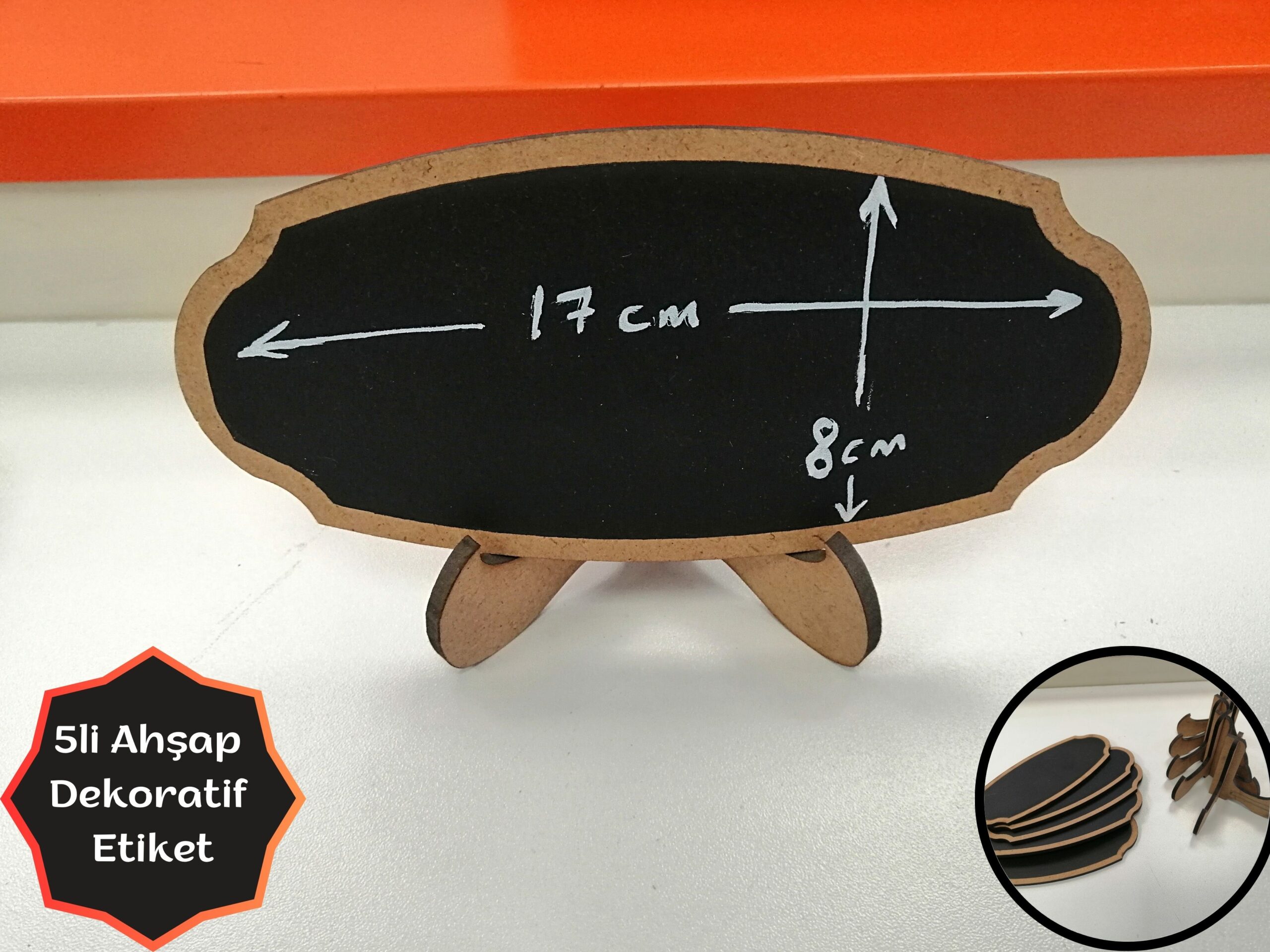 KARA TAHTA (17cm x H:8cm) ARKA DESTEKLİ OVAL Silinebilir Dekoratif Etiket ve Etiketlik PVC Siyah Etiket
