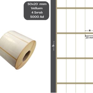 50X20 VELLUM YAPIŞKANLI Barkod ETİKET (5000Lİ) 4 SIRA Raf Etiketi Isı ve Işıktan Etkilenmeyen Fiyat Etiketi