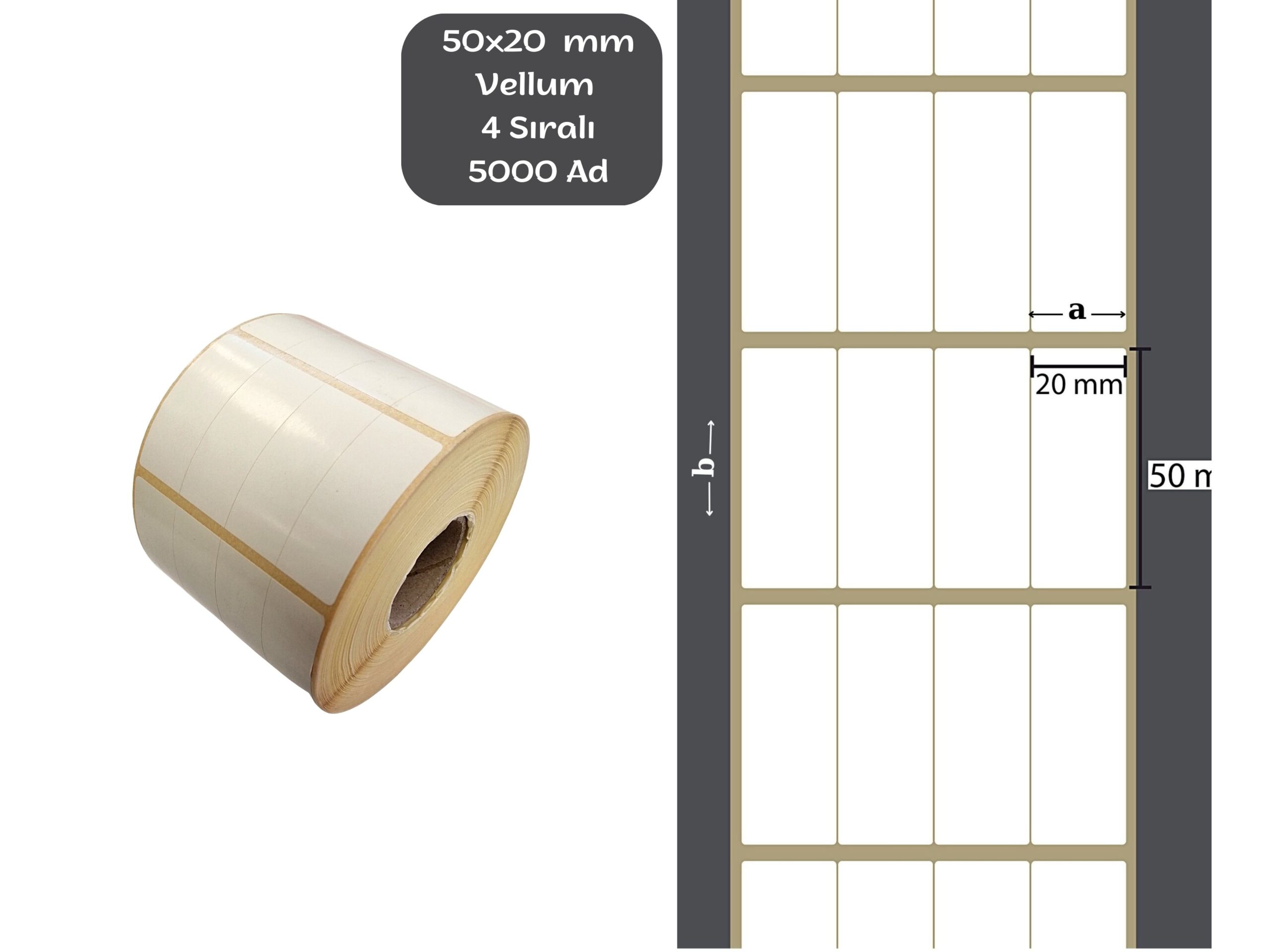 50X20 VELLUM YAPIŞKANLI Barkod ETİKET (5000Lİ) 4 SIRA Raf Etiketi Isı ve Işıktan Etkilenmeyen Fiyat Etiketi