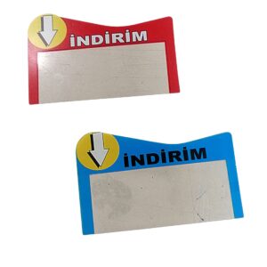 KULAKÇIK GEÇME PLASTİK KIRMIZI RENK İNDİRİM YAZILI Raf Önü İkaz Etiketi Fiyat Etiketliği Uyarı Etiketi Bilgilendirme Etiketi