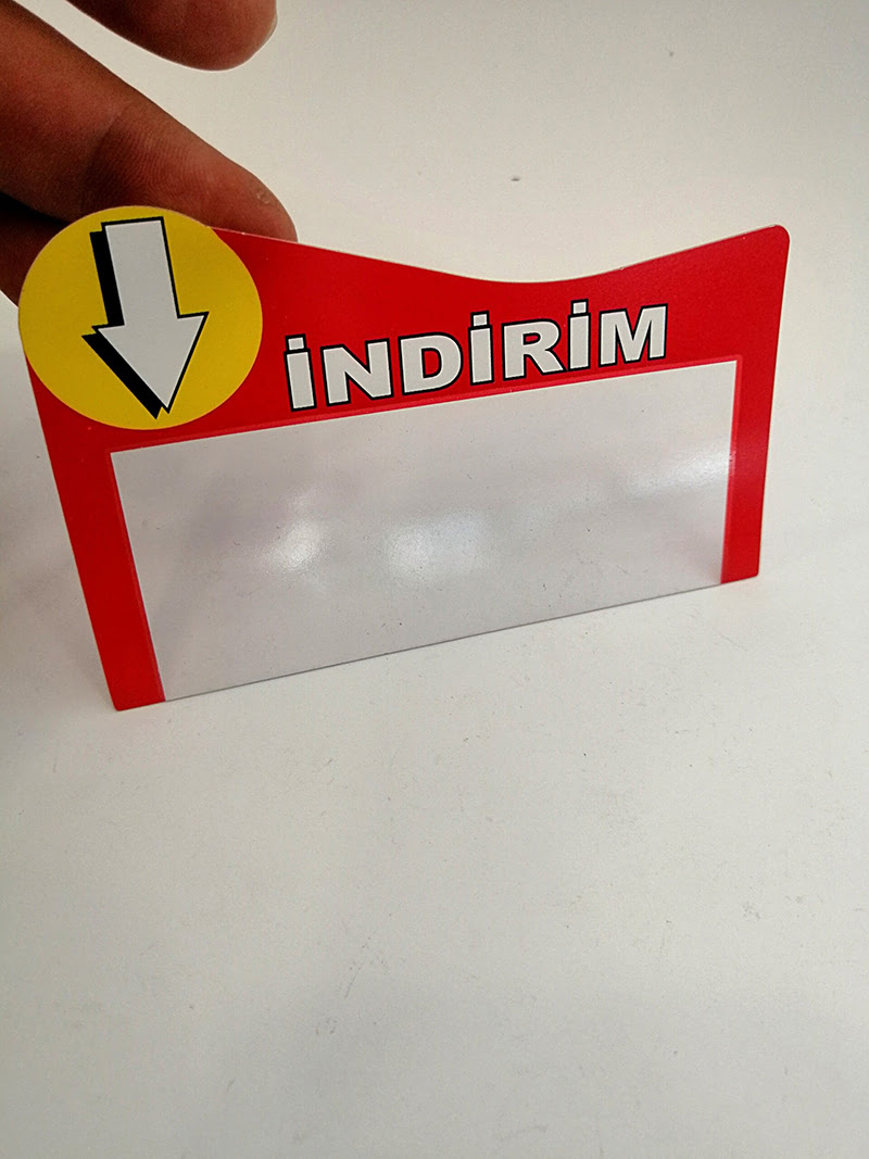 KULAKÇIK GEÇME PLASTİK KIRMIZI RENK İNDİRİM YAZILI Raf Önü İkaz Etiketi Fiyat Etiketliği Uyarı Etiketi Bilgilendirme Etiketi - Görsel 5