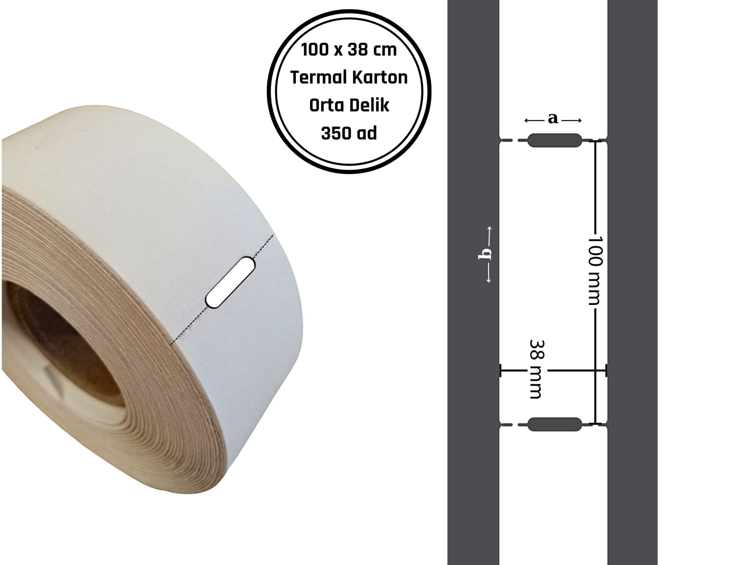 100x38 TERMAL KARTON ETİKET (350 Lİ) ORTADAN DELİKLİ / Termal Raf Etiketi Barkod Etiket