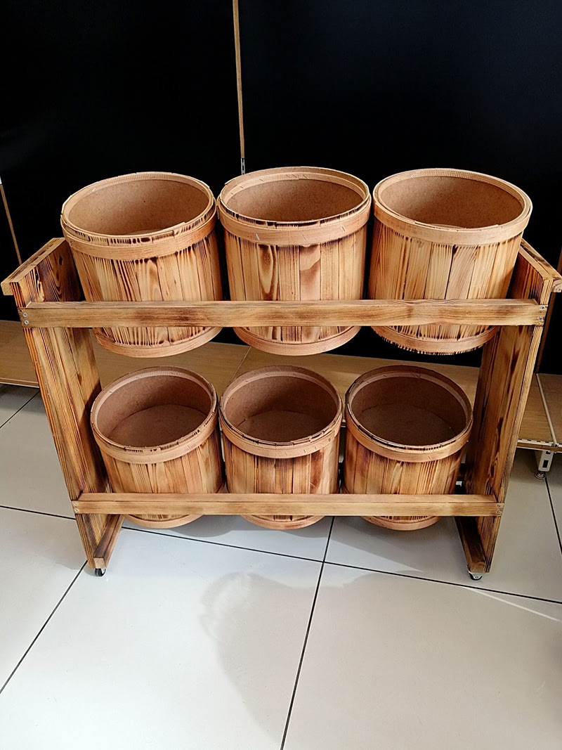 6 LI Bakliyat Ahşap BİDON SET MASİF-YAKMA VE CİLA Bakliyat Teşhir Standı Bakliyat Koavaları 6 adet ve Stand Birlikte