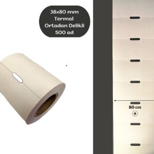 38x80 TERMAL KARTON ETİKET (500 Adet) ORTADAN DELİKLİ Raf Etiketi Fiyat Etiketi